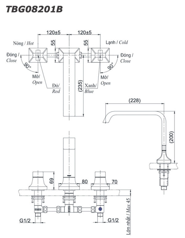 Ban ve ky thuat Voi sen xa bon tam TOTO TBG08201B gan bon 3 lo