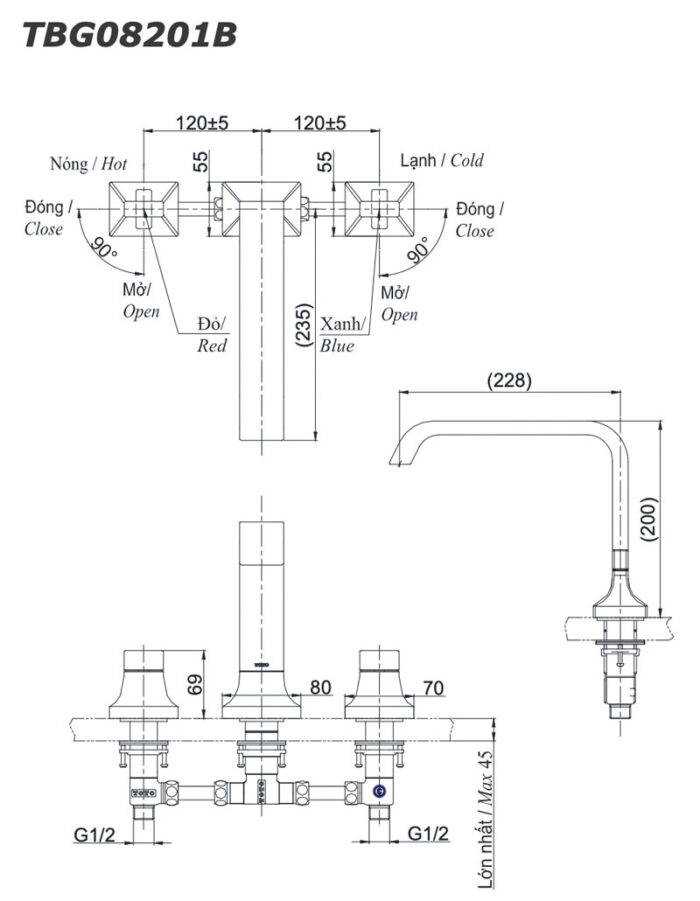Ban ve ky thuat Voi sen xa bon tam TOTO TBG08201B gan bon 3 lo