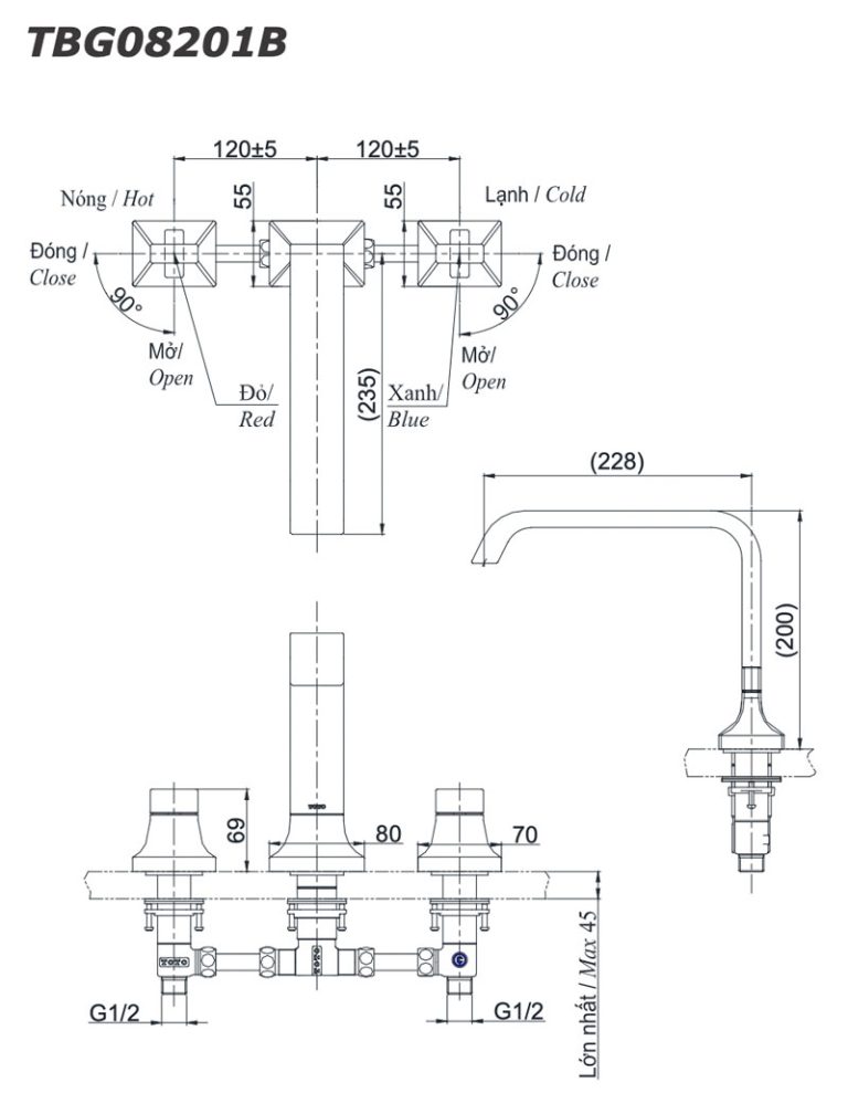 Ban ve ky thuat Voi sen xa bon tam TOTO TBG08201B gan bon 3 lo