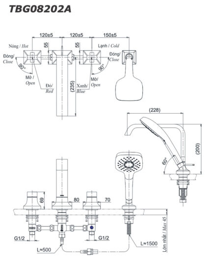 Ban ve ky thuat Voi sen xa bon tam TOTO TBG08202A gan bon 4 lo