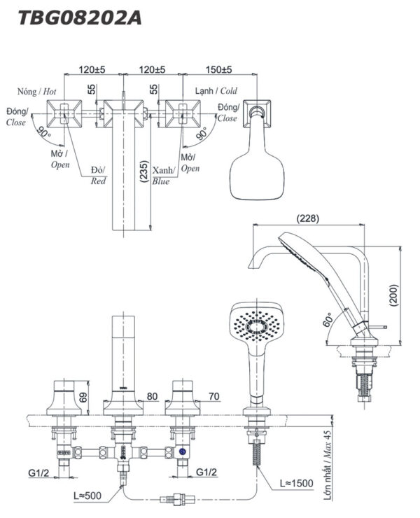 Ban ve ky thuat Voi sen xa bon tam TOTO TBG08202A gan bon 4 lo
