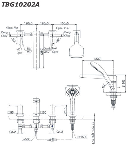 Ban ve ky thuat Voi sen xa bon tam TOTO TBG10202A gan bon 4 lo