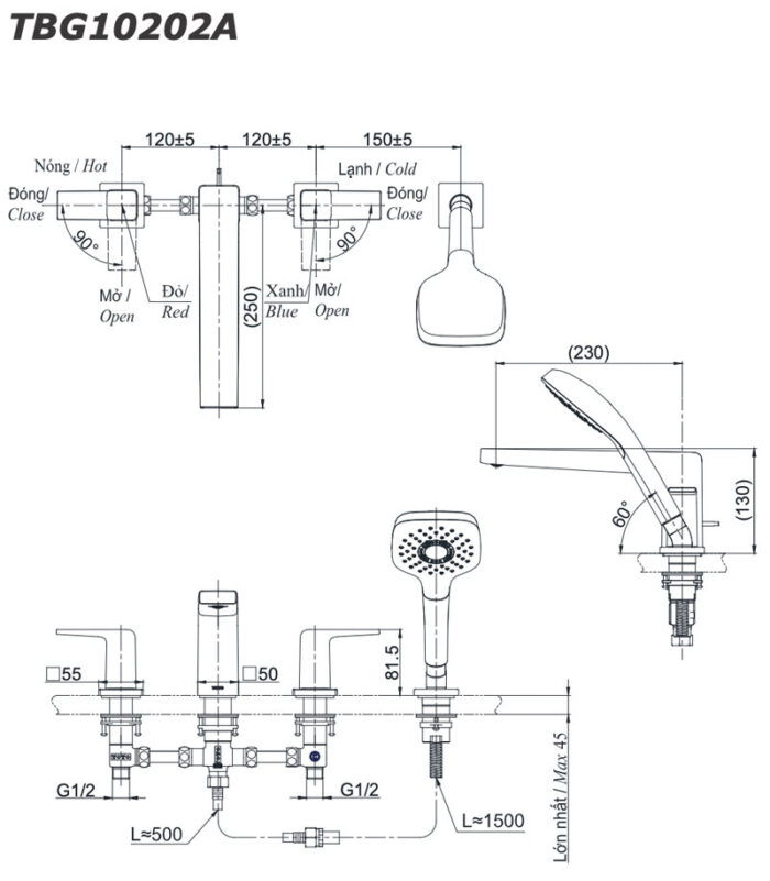 Ban ve ky thuat Voi sen xa bon tam TOTO TBG10202A gan bon 4 lo