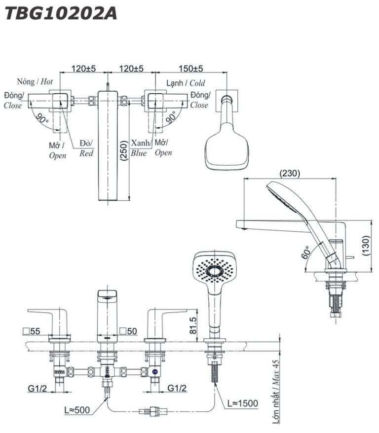 Ban ve ky thuat Voi sen xa bon tam TOTO TBG10202A gan bon 4 lo