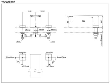 Ban ve ky thuat Voi sen xa bon tam TOTO TBP02201B gan bon 3 lo