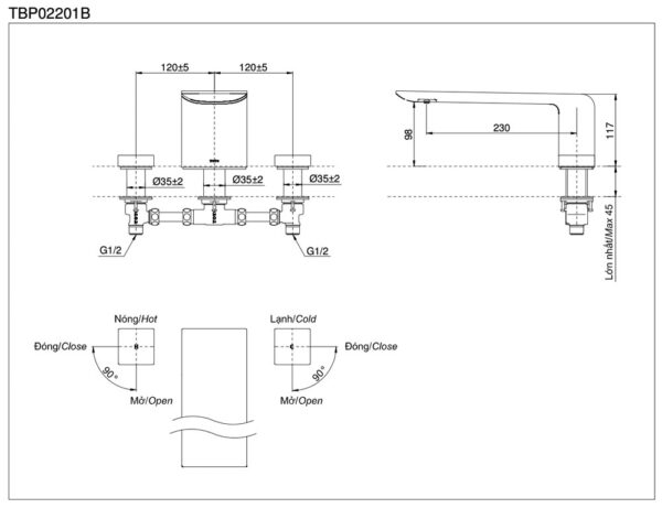 Ban ve ky thuat Voi sen xa bon tam TOTO TBP02201B gan bon 3 lo
