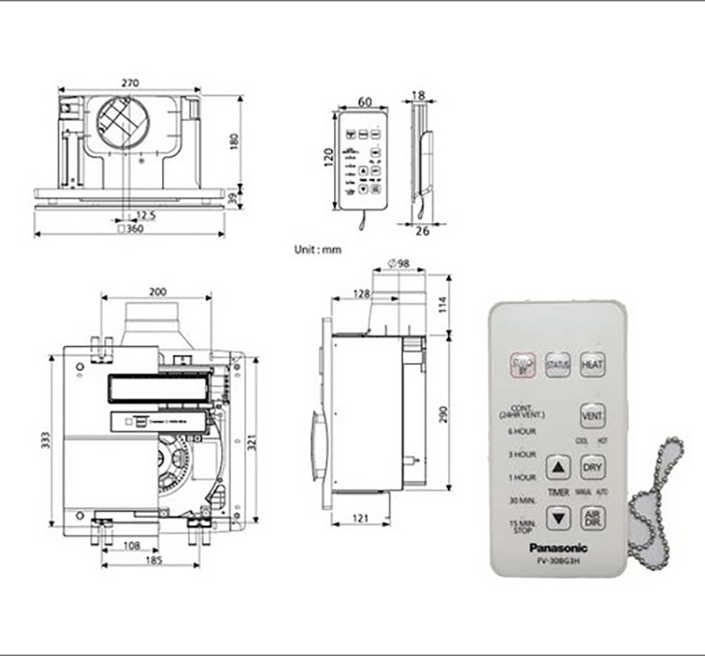 Bản vẽ kĩ thuật Quạt hút PANASONIC FV-30BG3 kết hợp sưởi điều khiển từ xa