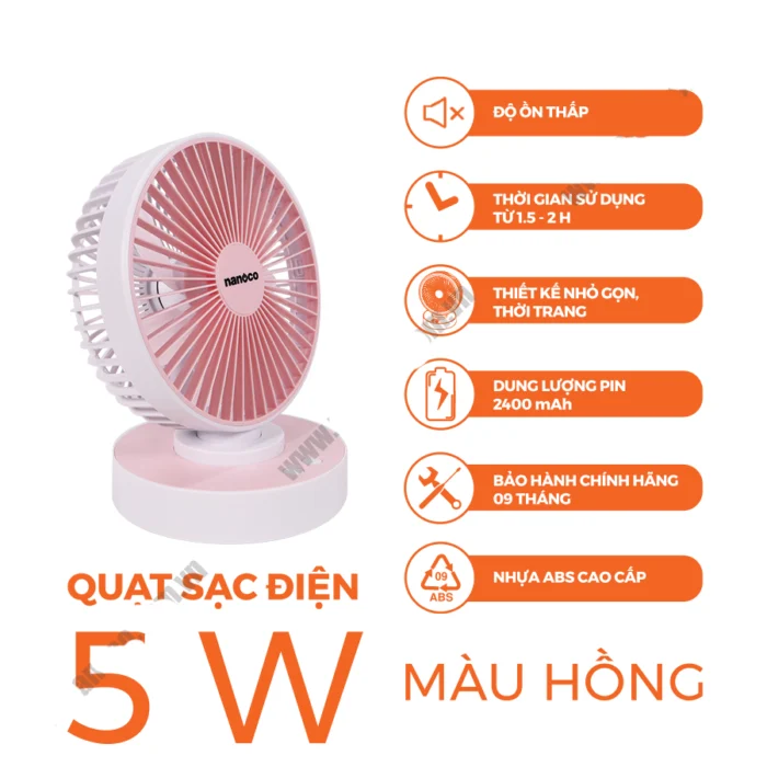 Quạt sạc NANOCO NRF6215P hồng (3)