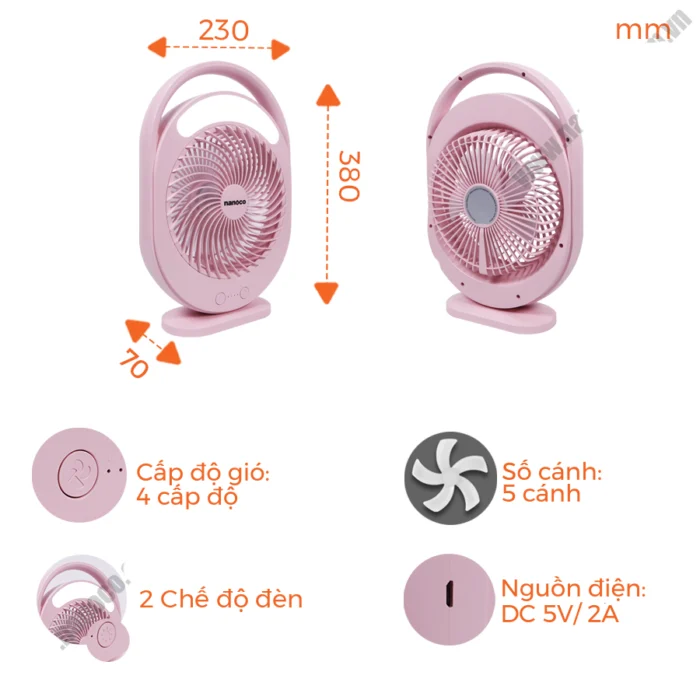 Quạt sạc NANOCO NRF6310P hồng đèn led (3)
