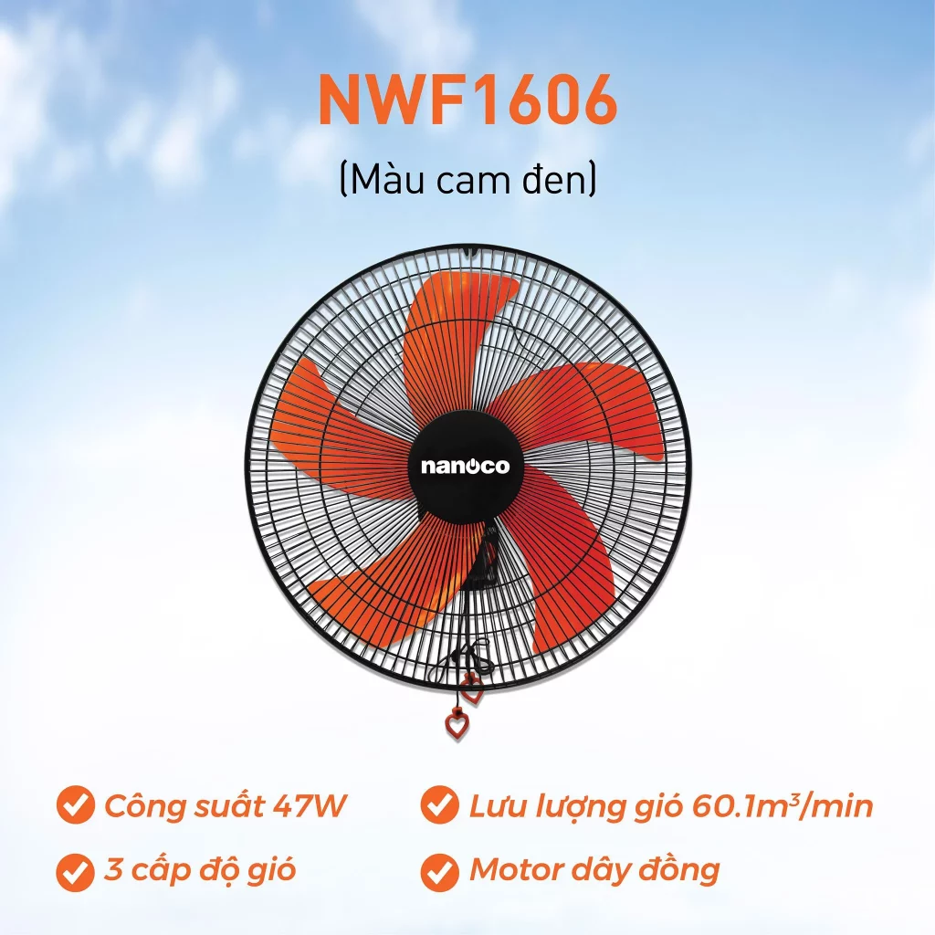 Quạt treo tường NANOCO NWF1606 đen cam