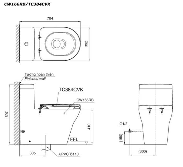 ban ve ki thuat bon cau 1 khoi toto cw166rb tc384cvk nap em