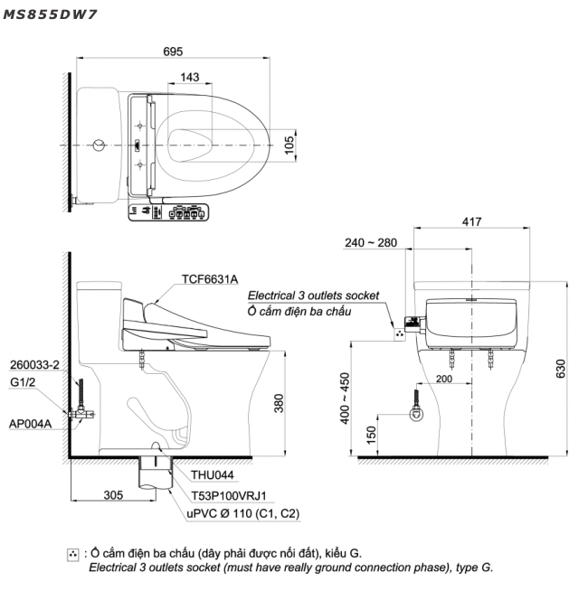 Bản vẽ kĩ thuật Bồn cầu 1 khối TOTO MS855DW7 nắp rửa thông minh TCF6631A