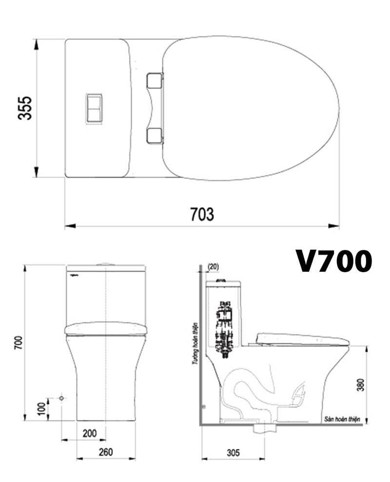 Bản vẽ kĩ thuật Bồn cầu 1 khối VIGLACERA V700 FANSIPAN nắp êm