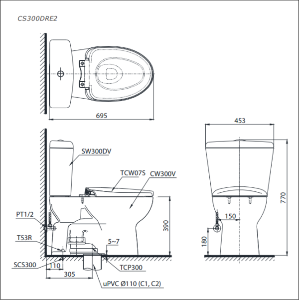ban ve ki thuat bon cau 2 khoi toto cs300dre2 nap rua co tcw07s