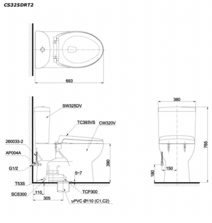 ban ve ki thuat bon cau 2 khoi toto cs325drt2 nap em tc393vs