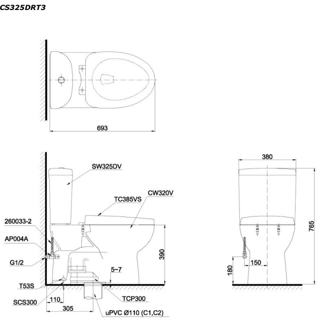 Bản vẽ kĩ thuật Bồn cầu 2 khối TOTO CS325DRT3 CS325DMT3 nắp êm TC385VS