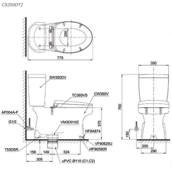 ban ve ki thuat bon cau 2 khoi toto cs350dt2 nap em tc393vs