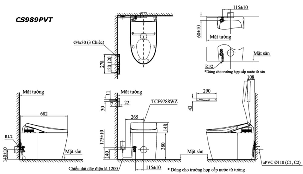 Bồn cầu thông minh TOTO CS989PVT TCF9788WZ NEOREST AH nắp rửa điện tử thoát ngang 2 Bản vẽ kĩ thuật Bồn cầu thông minh TOTO CS989PVT TCF9788WZ Neorest AH