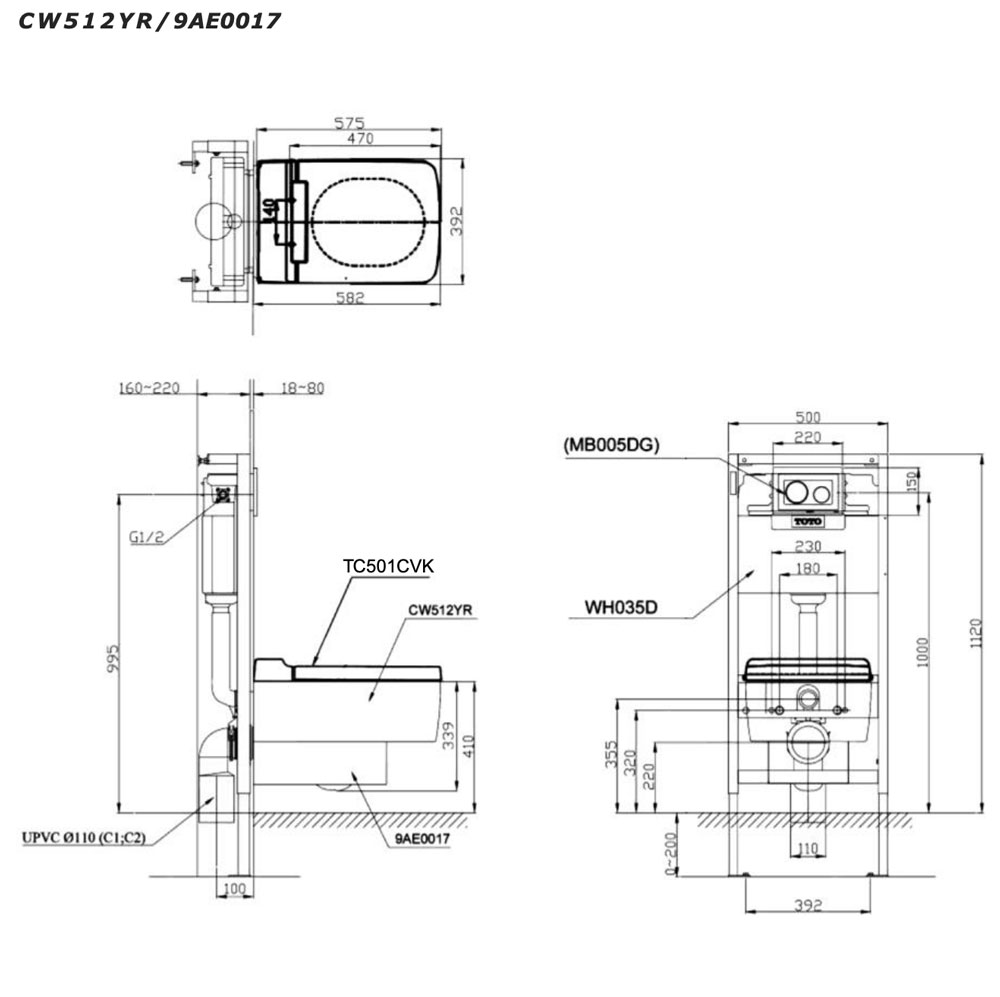 Bản vẽ kĩ thuật Bồn cầu treo tường TOTO CW512YR 7EE0007 TC501CVK nắp êm