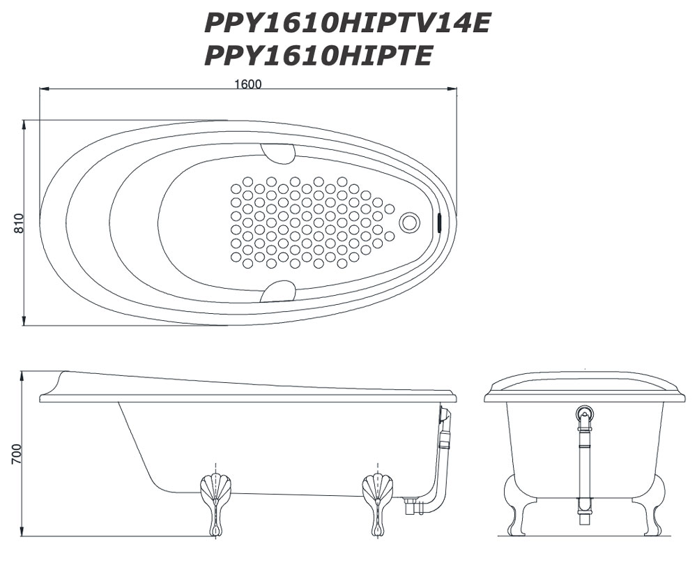 Bản vẽ kĩ thuật Bồn tắm TOTO PPY1610HIPTV14E#S lập thể gang tráng men 1.6M