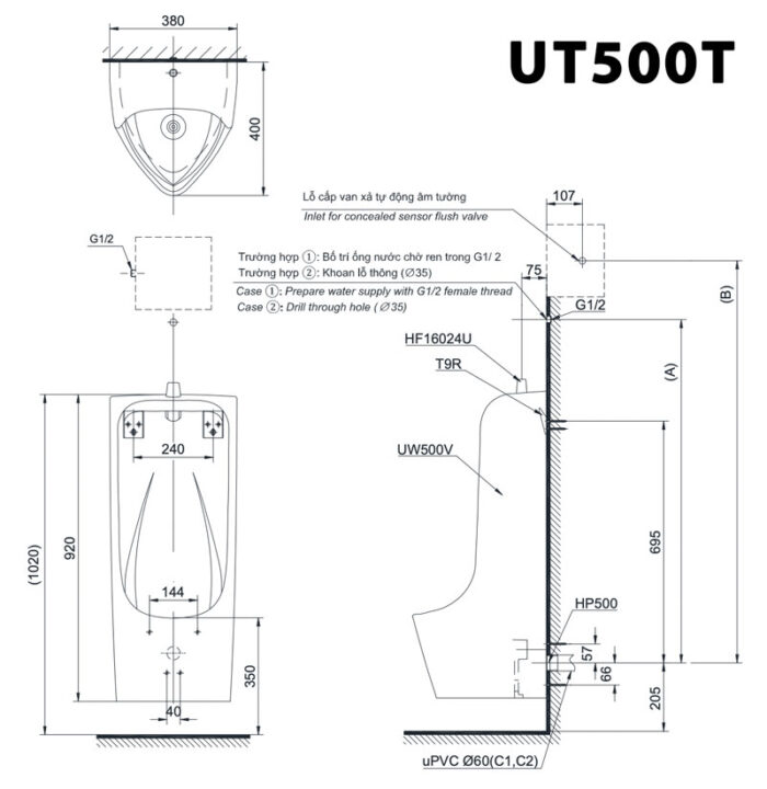 ban ve ki thuat bon tieu nam toto ut500t treo tuong