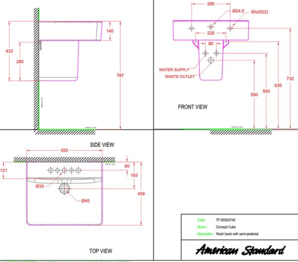 ban ve ki thuat chau rua mat lavabo american standard wp f550 0740 wt concept chan ngan treo tuong