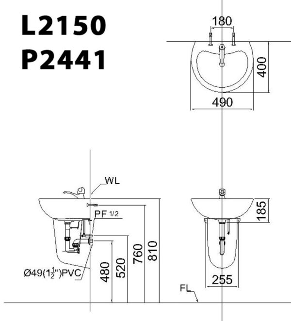 ban ve ki thuat chau rua mat lavabo caesar l2150 p2441 chan ngan treo tuong