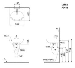 ban ve ki thuat chau rua mat lavabo caesar l2152 p2443 treo tuong chan lung