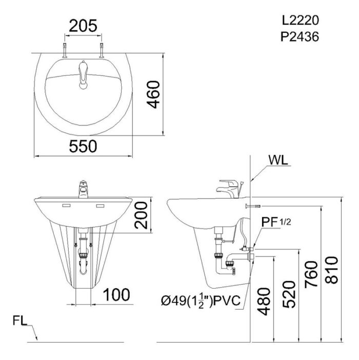 ban ve ki thuat chau rua mat lavabo caesar l2220 p2436 chan lung treo tuong