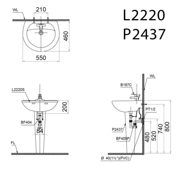 ban ve ki thuat chau rua mat lavabo caesar l2220 p2437 chan dai treo tuong
