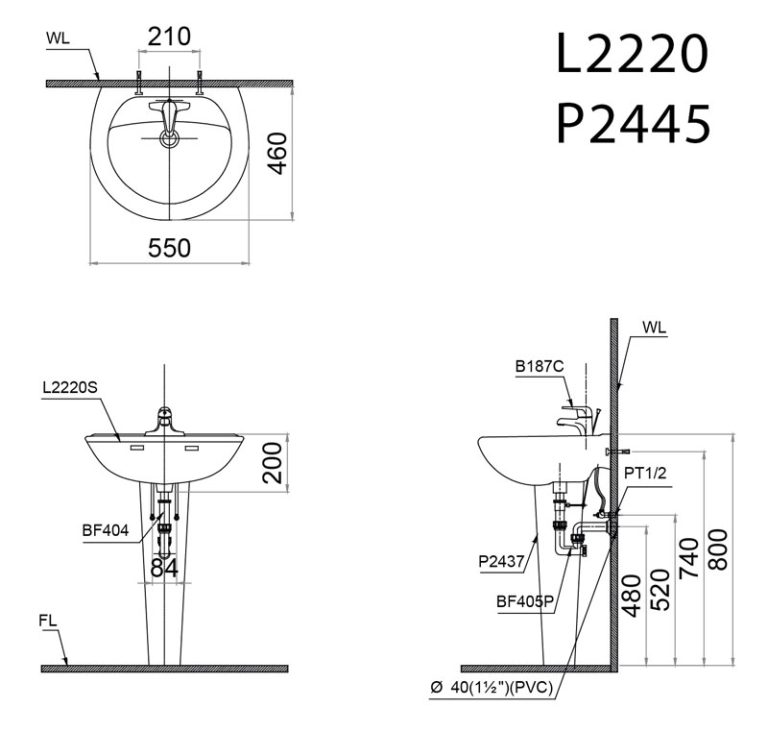 ban ve ki thuat chau rua mat lavabo caesar l2220 p2445 chan dai treo tuong