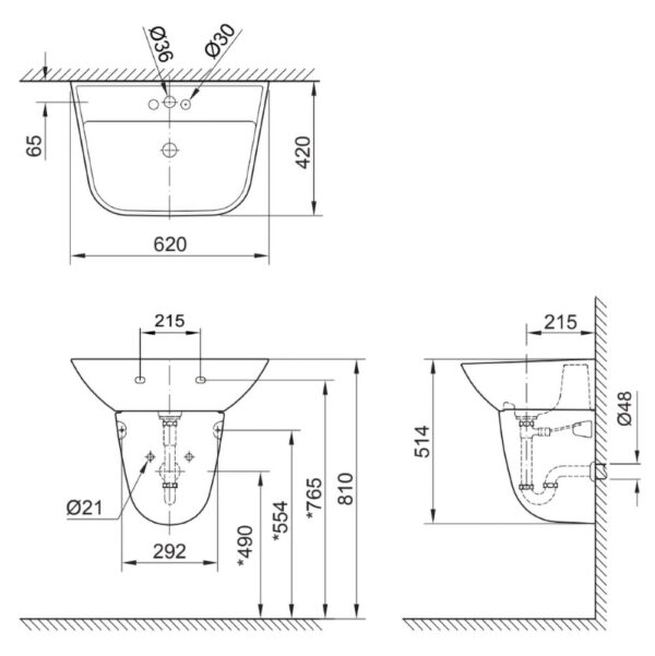 ban ve ki thuat chau rua mat lavabo inax l 297v treo tuong