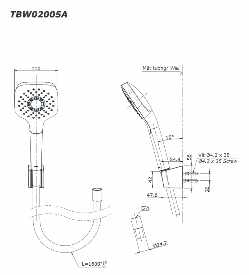 Bản vẽ kĩ thuật Tay sen tắm TOTO TBW02005A 1 chế độ phun massage