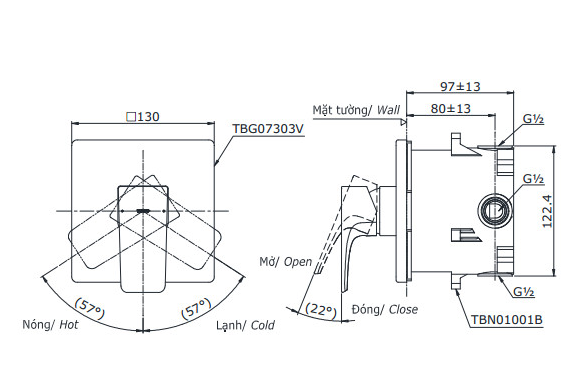 Bản vẽ kỹ thuật Van gật gù TOTO TBG07303V TBN01001B sen âm tường