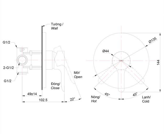 Bản vẽ kỹ thuật Van gật gù TOTO TBS01303B sen âm tường