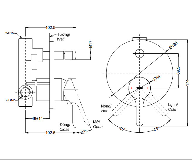 Bản vẽ kỹ thuật Van gật gù TOTO TBS01304B sen âm tường