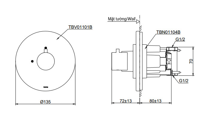 Bản vẽ kỹ thuật Van dừng TOTO TBV01101B TBN01104B sen âm tường