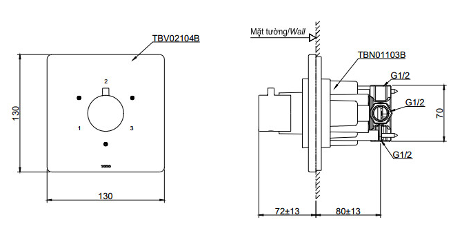 Bản vẽ kỹ thuật Van chuyển hướng TOTO TBV02104B TBN01103B sen âm tường