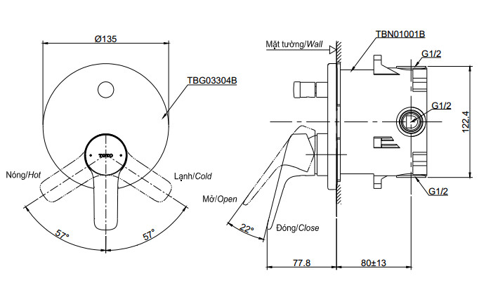 Bản vẽ kỹ thuật Van gật gù TOTO TBG01304B TBN01001B sen âm tường