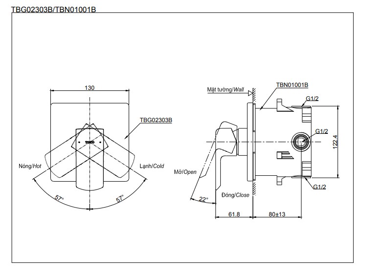 Bản vẽ kỹ thuật Van gật gù TOTO TBG02303B TBN01001B sen âm tường