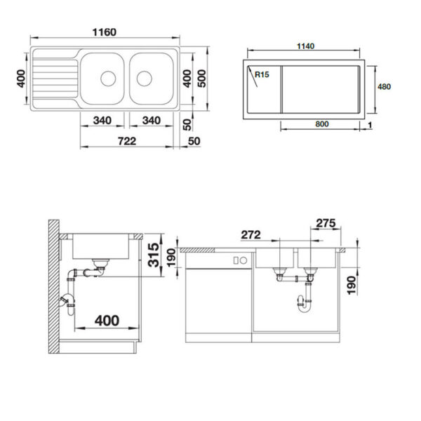 ban ve kich thuoc chau rua bat inox blanco dinas 8s