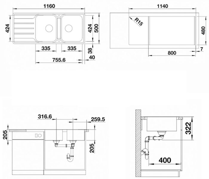 ban ve kich thuoc chau rua bat inox blanco lemis 8 s if