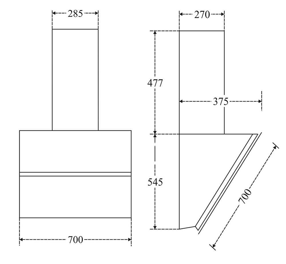 Bản vẽ kích thước Máy hút mùi CANZY CZ 70EA 70cm kính vát