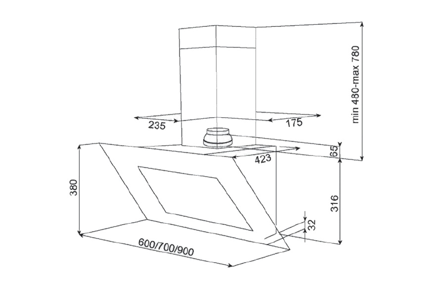 Bản vẽ kích thước Máy hút mùi TEKA DVT 985 B 40483562 90cm kính vát