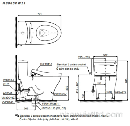 ban ve ky thuat bon cau toto ms885dw11 nap rua dien tu tu dong dong mo