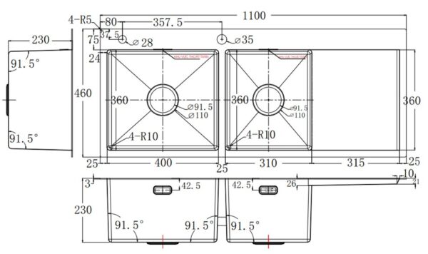ban ve ky thuat chau rua bat inox bauer bs 110s bs110s duong ban 2 ho 1 ban