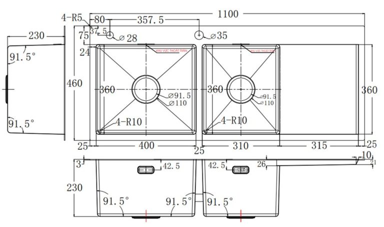 ban ve ky thuat chau rua bat inox bauer bs 110s bs110s duong ban 2 ho 1 ban