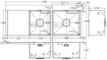 ban ve ky thuat chau rua bat inox bauer bs 110sl bs110sl duong ban 2 ho 1 ban