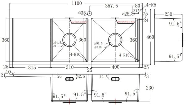 ban ve ky thuat chau rua bat inox bauer bs 110sl bs110sl duong ban 2 ho 1 ban