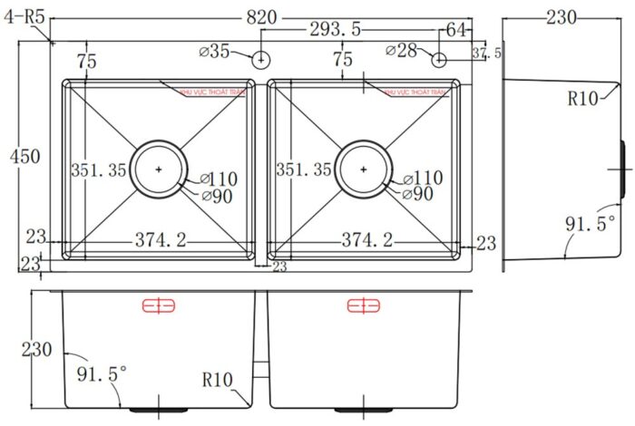 ban ve ky thuat chau rua bat inox bauer bs 8245hm bs8245hm duong ban 2 ho